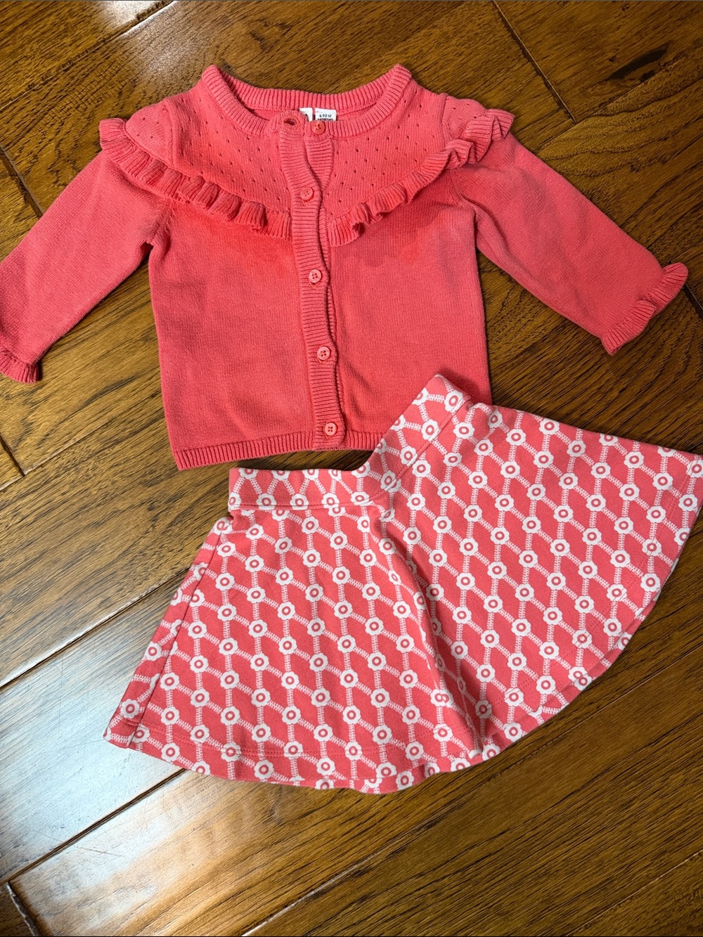 Janie and Jack Coral Ruffle Cardigan with Coral & White Patterned Skirt